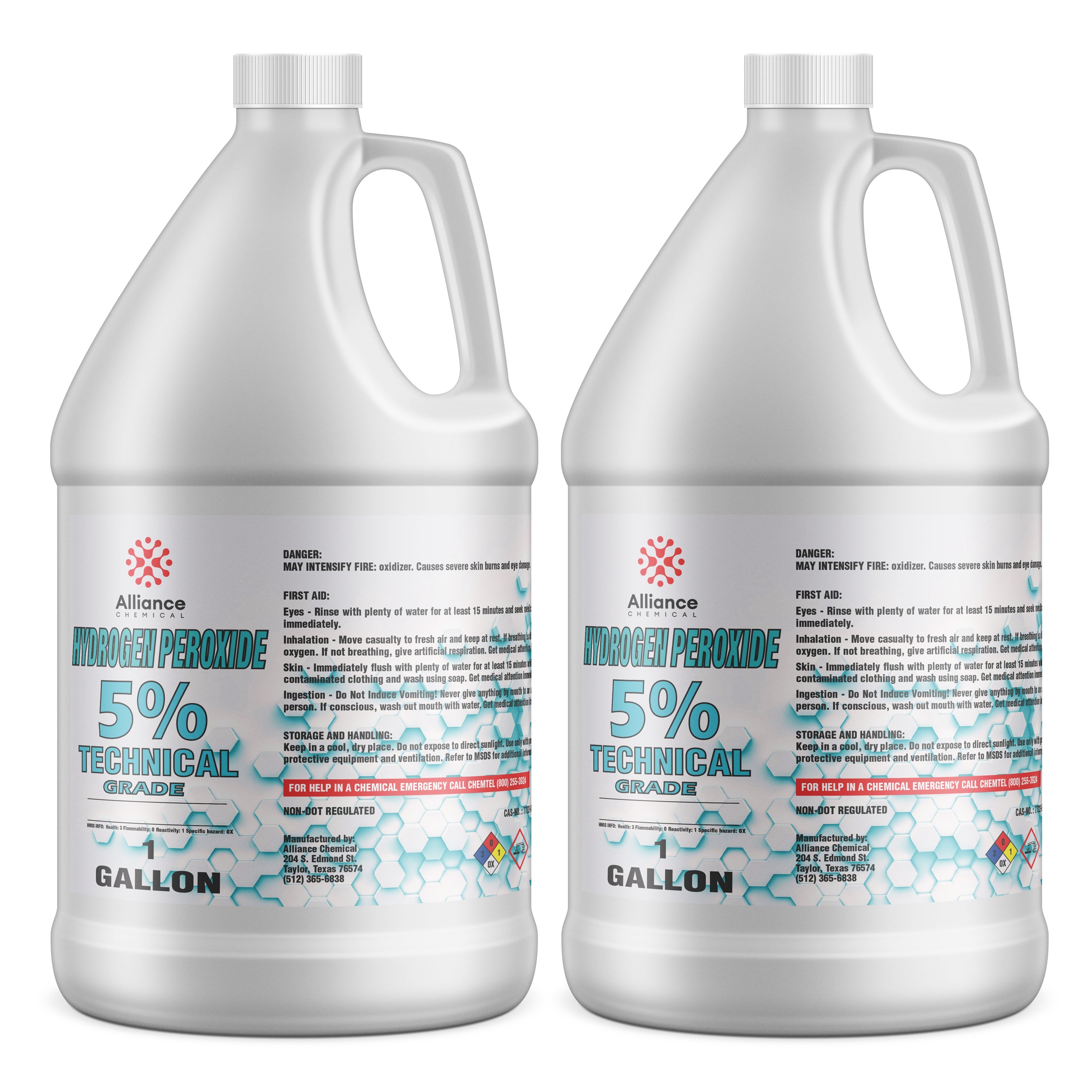 Two 1-gallon HDPE jugs of Alliance Chemical 5% Technical Grade Hydrogen Peroxide with hazard warnings, first aid instructions, and NFPA diamond symbol.